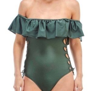NWT TiniBikini One Piece Ruffle Top Swimsuit, Black, S